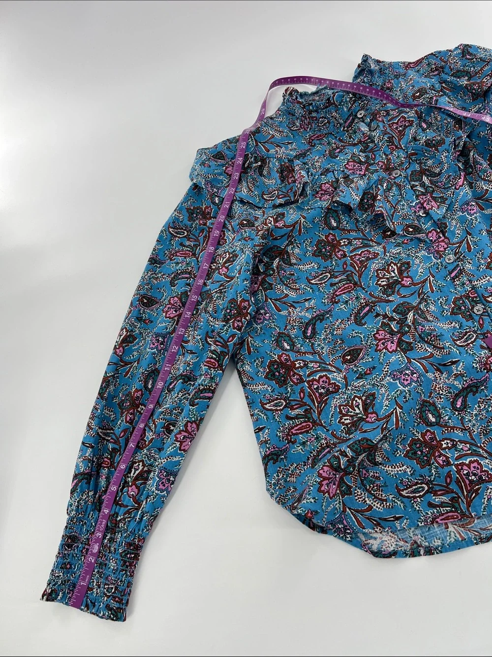 LOFT Bouquet Ruffle Blue Yoke Long Sleeve Button Down Puff Sleeve Shirt‎ Sz L